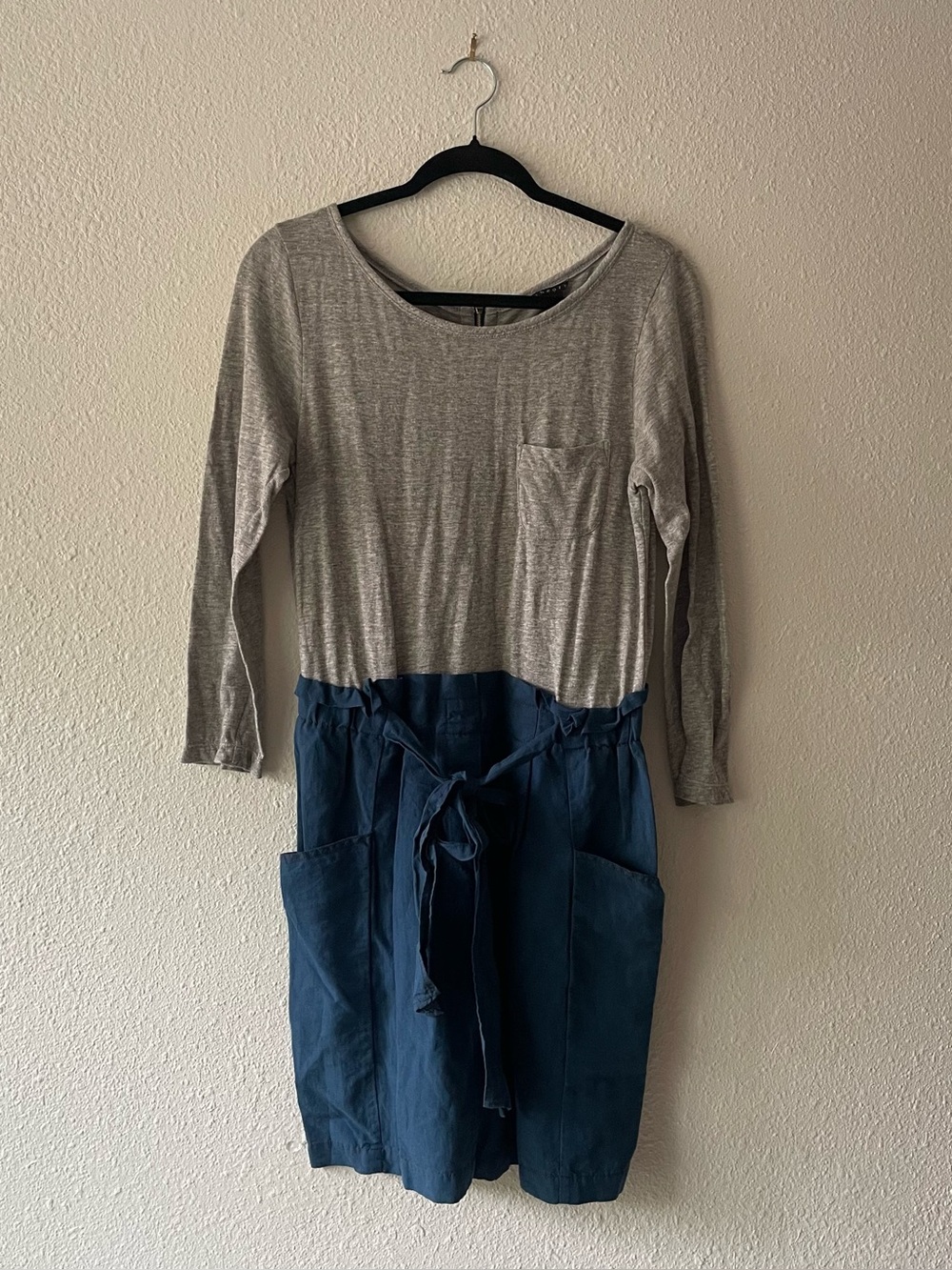 NWT Theory Harriet Dress 8 Gray Jersey Dark Indigo Linen Cotton Paperbag Belted